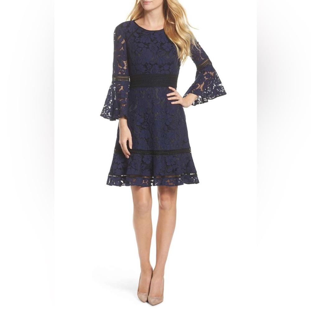 Eliza J 3/4 Bell Sleeve Elegant Navy Black Fit&Flare Lace Cocktail Wedding Dress